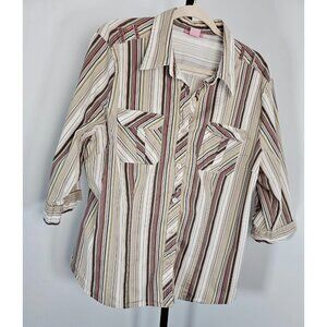 She's Cool 3/4 Roll Tab Sleeve Button Down Shirt Brown multicolor-SZ 2X